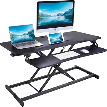Rocelco 43" Height Adjustable Standing Desk Converter - Tall Sit Stand Up Tabletop Riser with Tablet Slot - Home Office Computer Workstation - Deep Keyboard Tray for Laptop Mouse - Black R VADRB-43