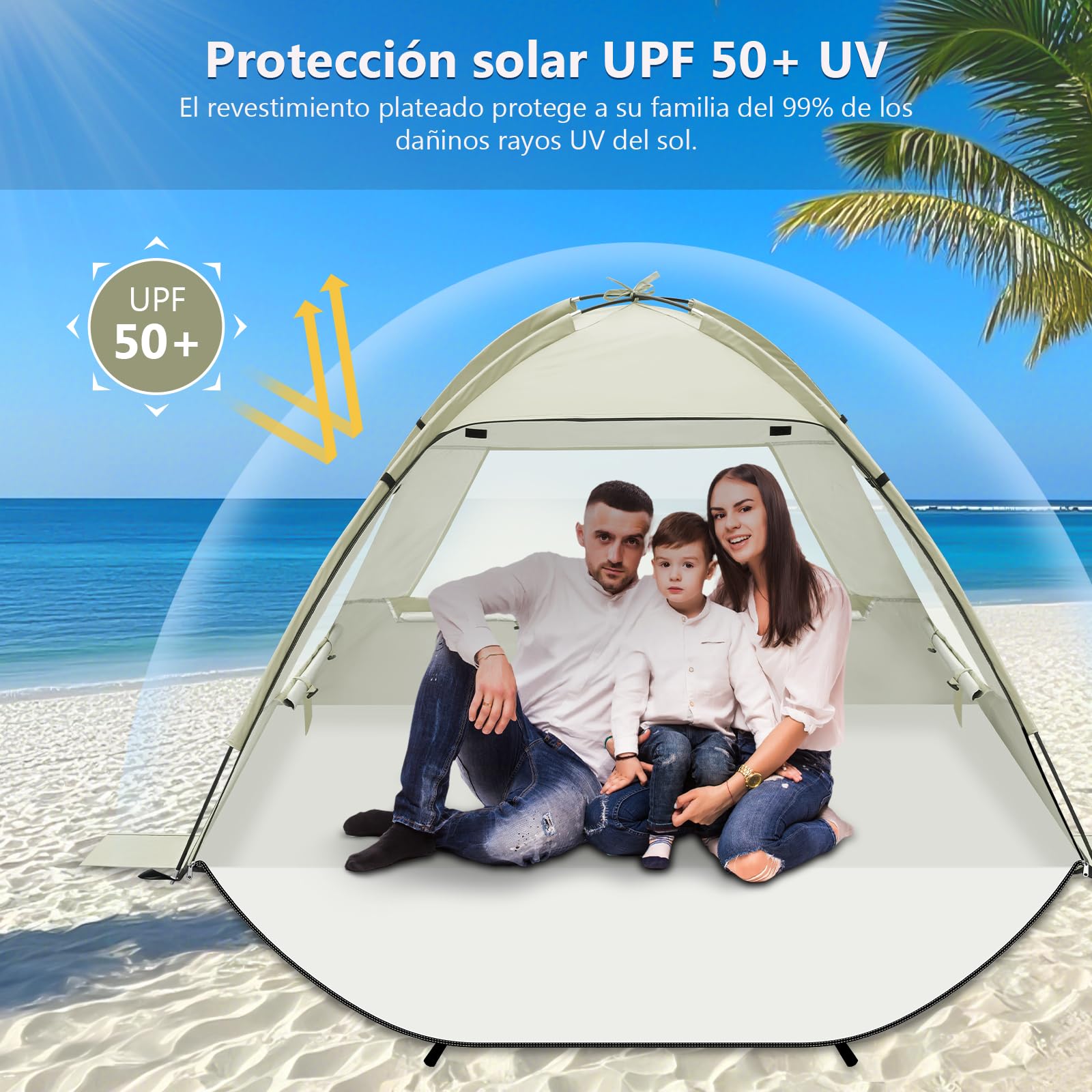 Tienda de Playa Plegable, Carpa Playa Bebe UV 50+, Refugio de Sol con Ventilación, Estructura Estable, Tienda de Campaña Ligera y Portátil para Camping