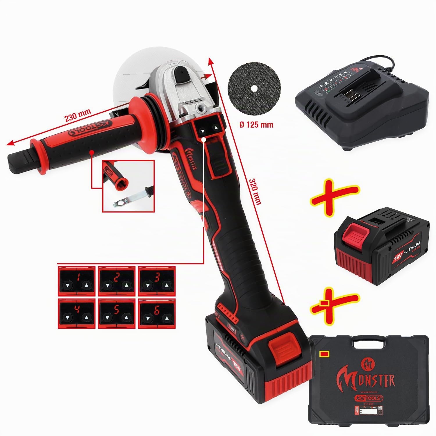 KS Tools 515.6200 eMONSTER Brushless-Akku-Winkelschleifer-Satz, 4-tlg