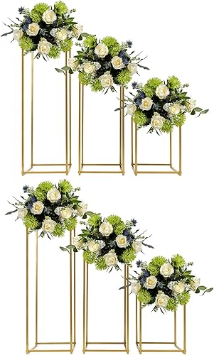 Miniatura 1 de DYNAMI 6 soportes de flores de boda para centros de mesa, soportes de pedestal dorados, jarrón de flores de metal con plato, 3 tamaños de 15.7
