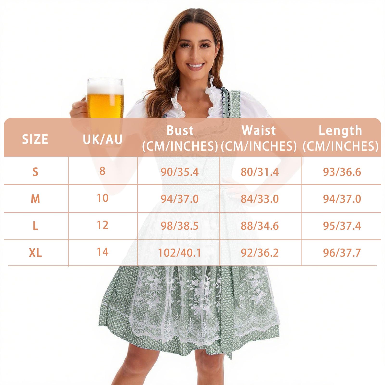 GWAWG Dirndl - Vestito tradizionale Dirndl, da donna, in pizzo, con gonna midolla, per costume tradizionale bavarese, colore: verde e bianco