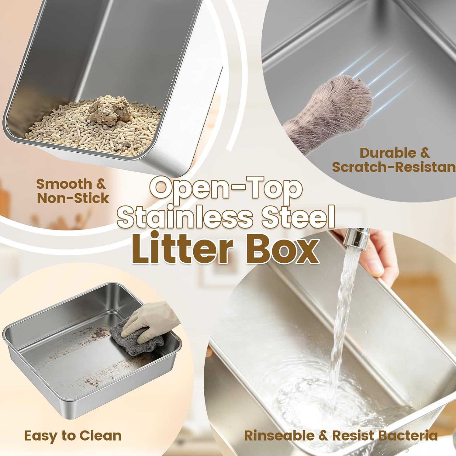 Stainless Steel Metal Litter Box for Kittens & Small Cats, 11.8" High Sides Prevent Litter Scatter, Open Top Litter Pan Anti-Leak & Easy Clean, Compact Space-Saving Size 17.3x13.4x11.8 Inches