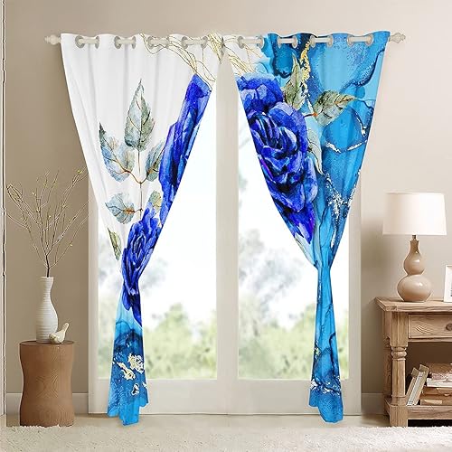 Miniatura 4 de Juego de 2 paneles de cortina para ventana de niñas y niñas, 42 pulgadas de ancho x 63 pulgadas de largo, bonitas cortinas de flores azules para