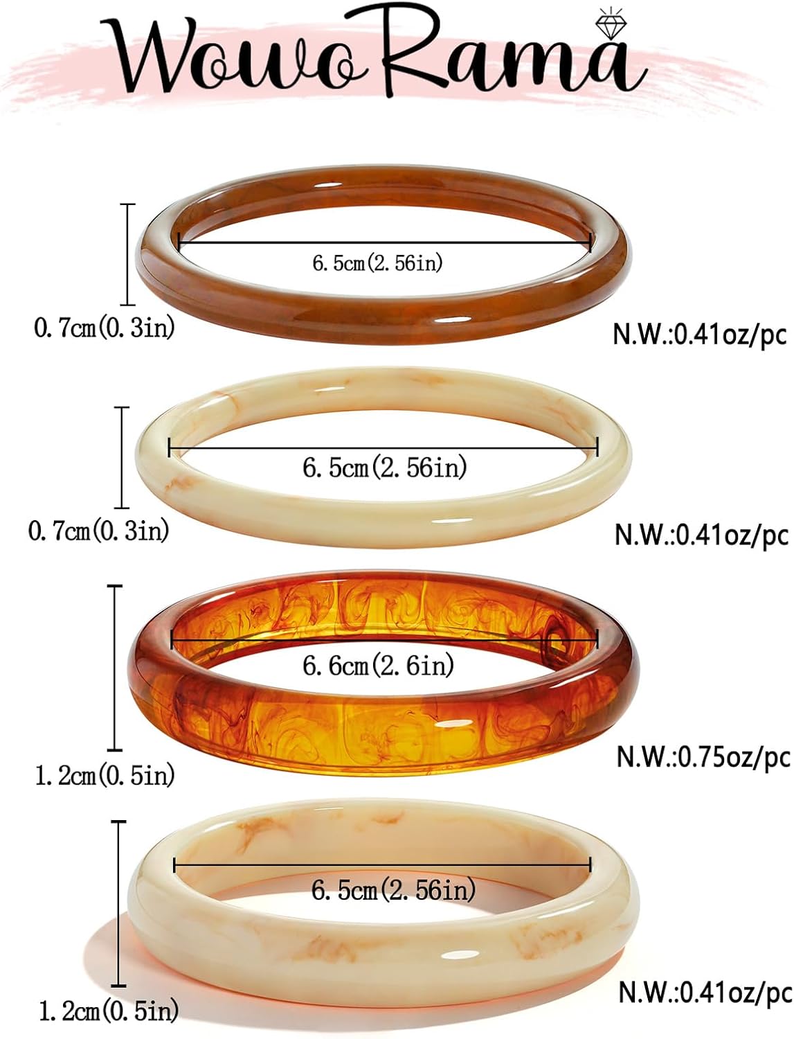 WOWORAMA 4Pcs Resin Acrylic Bangle Bracelets Set for Women Stackable White Brown Acetate Resin Bangles Geometric Chunky Acrylic Bracelet Trendy Plastic Bangle Jewelry - Image 6
