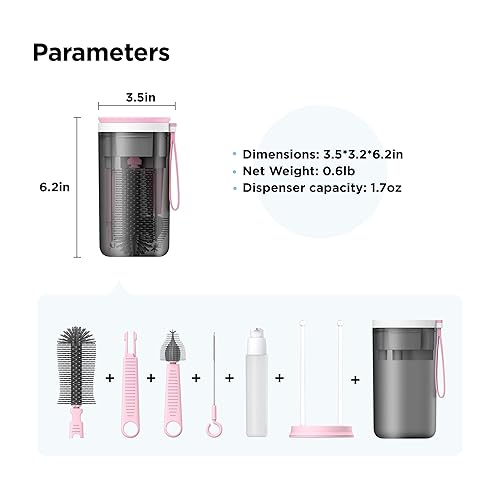 Miniatura 6 de Cepillo de viaje para botellas con estante portátil de secado de botellas, esenciales de viaje para bebé, color rosa