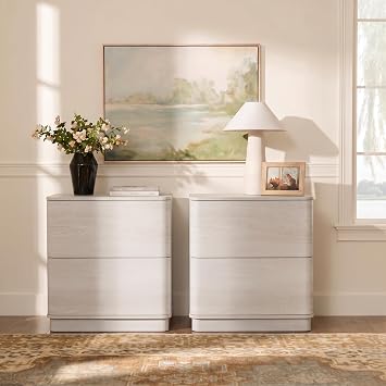 Brafab Night Stand Set 2 with 2 Drawers Storage, Curved Edge Bedside Table with Push to Open Hidden Drawer, 22 Wooden Modern End Table, Mid Century Bedside Table for Bedroom, White Grey