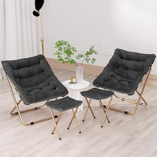 Cómoda silla platillo para adultos, juego de 2 sillas plegables de piel sintética suave con reposapiés, marco de metal, acogedora silla plegable de
