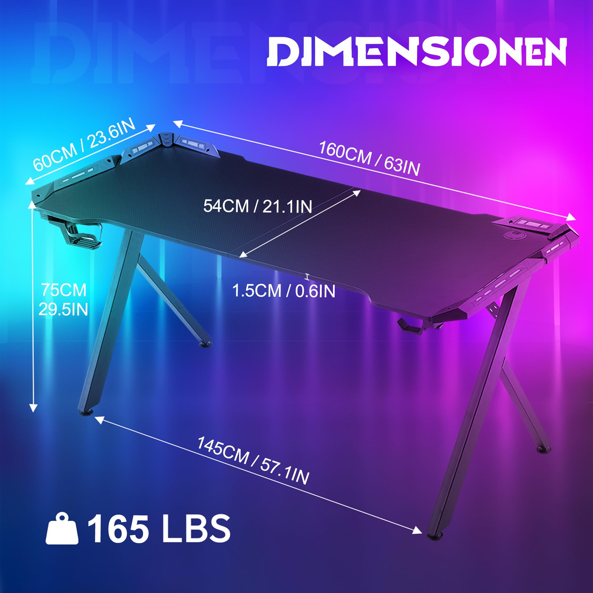 YUENFONG Gaming Tisch mit LED, 160x60cm Schreibtisch Y-Frame Computertisch mit Kohlefaser-Oberfläche, Ergonomischer PC Tisch inkl. Fernbedienung Tassenhalter & Kopfhörerhaken, Schwarz