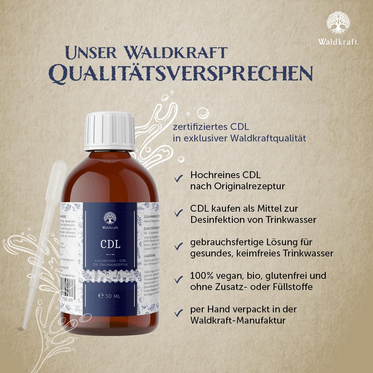 Waldkraft CDL/CDs Chlordioxidlösung 0,3% – 250 ml gebrauchsfertige Lösung zur Trinkwasserdesinfektion & Wasseraufbereitung – Mit Pipette ideal für unterwegs – laborgeprüft & ohne Zusatzstoffe