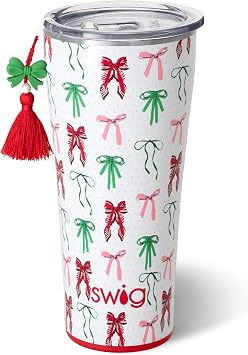 Swig Life 32oz Insulated Tumbler, Travel Coffee Tumbler with Lid, Cup Holder Friendly Travel Coffee Mug, Stainless Steel Ribbons and Bows