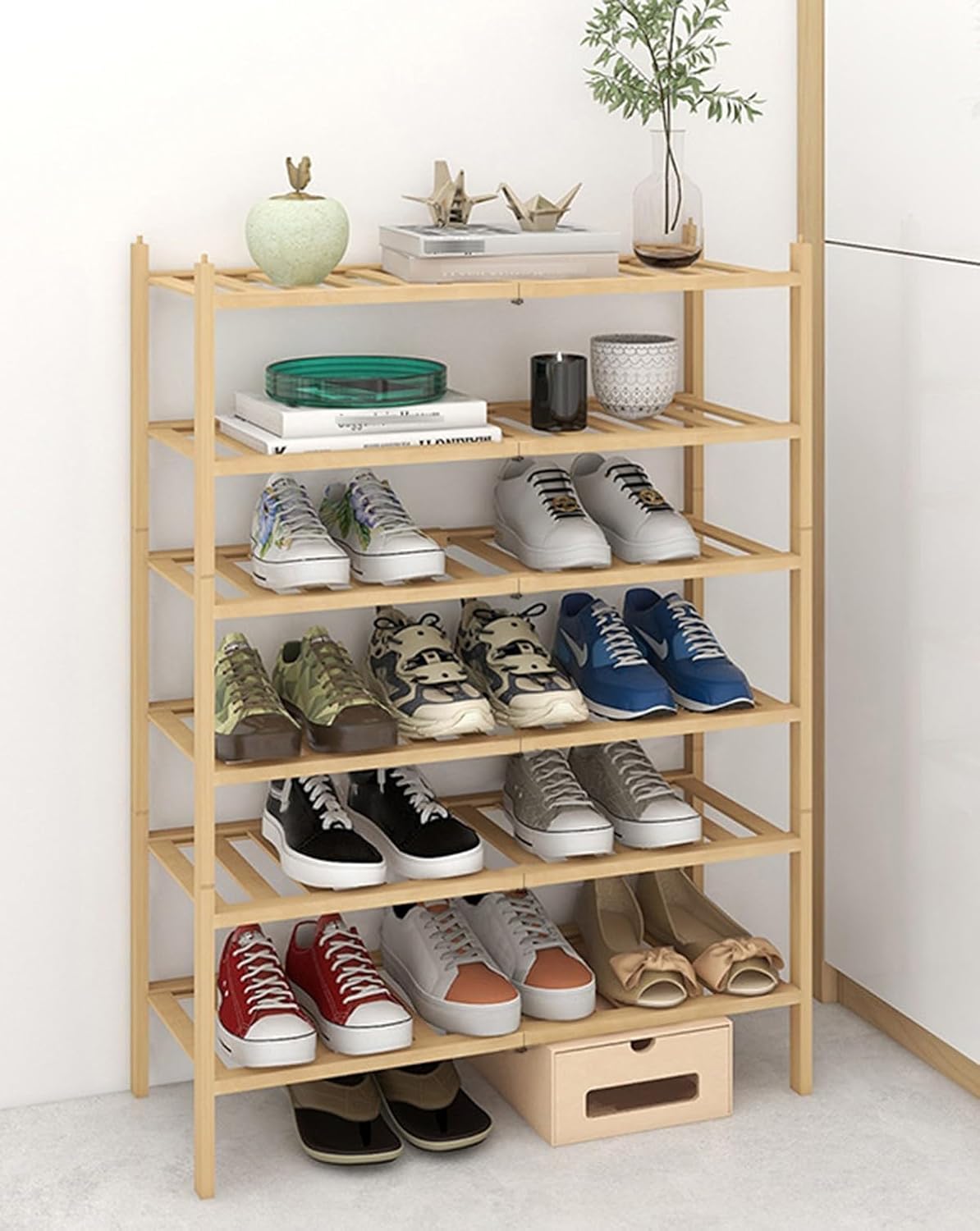 Foldable Bamboo Shoe Rack, Multi-Tier Portable Folding Shoes Storage Organizer, No Assembly Free Standing Boots Shelf Plant Display Suitable for Entryway Home, Living Room (Primary Colour 6 Tier)