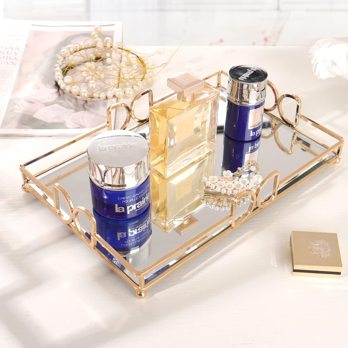 Gold Mirror Tray: Elegant Makeup/Vanity Tray, Luxury Rust-Proof Glass for Bathroom & Bedroom