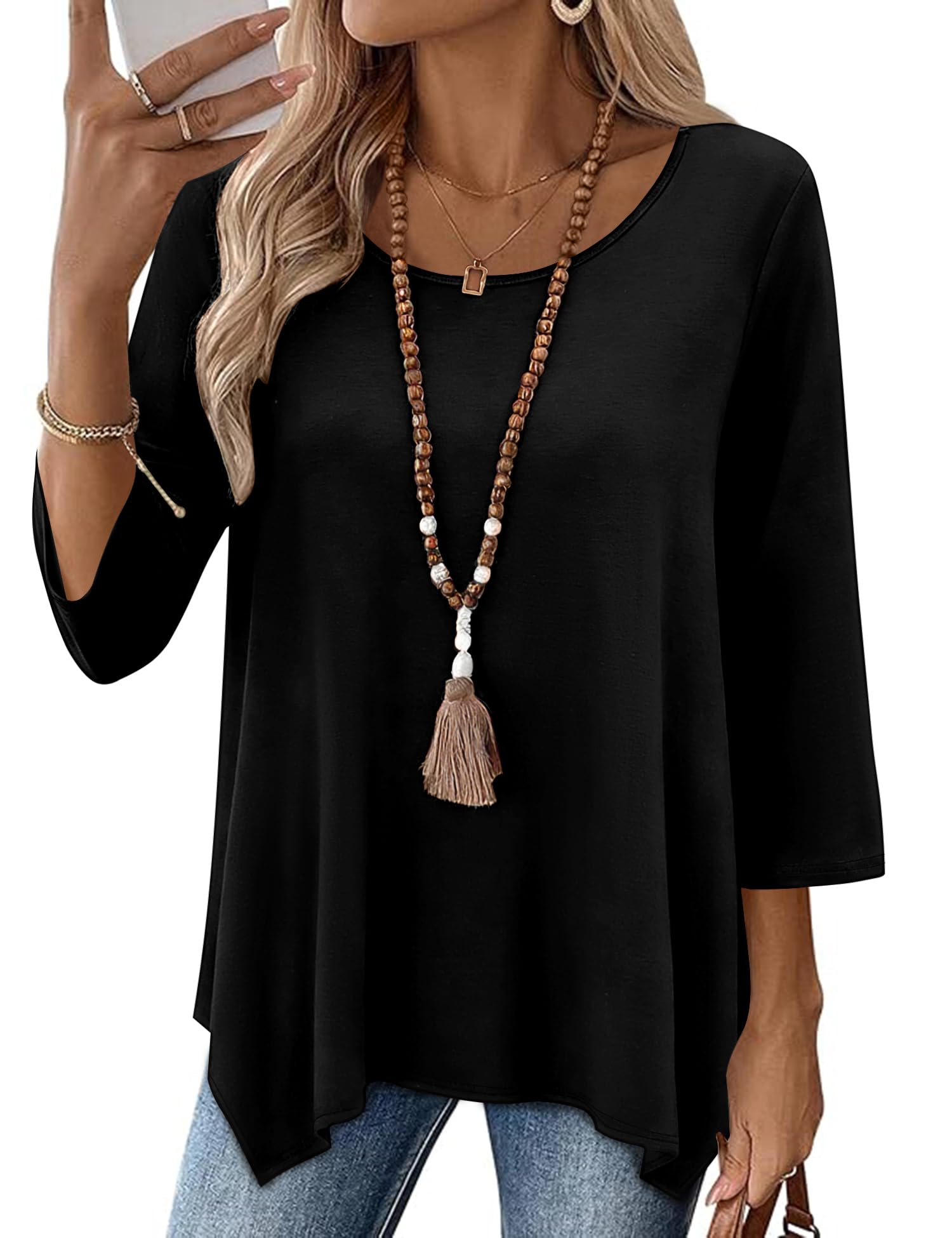 AKEWEI 3/4 Length Sleeve Womens Tunic Tops Loose Fit Blouses Dressy Casual Crew Neck Tees S-2XL Black 3X-Large