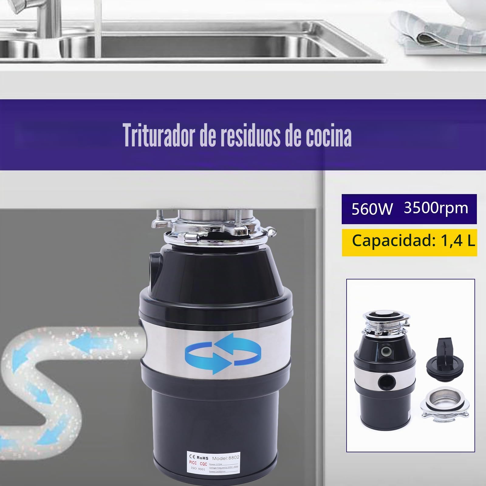 560W Trituradora De Residuos De Alimentos 3500rpm Trituradora De Residuos De Cocina Fregadero Protección contra el Ruido Máquina de Tratamiento De Residuos De Alimentos Para Tratamiento De Residuos De