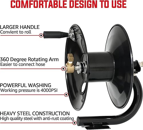 Miniatura 2 de YAMATIC Carrete de manguera de lavado a presión de 150 pies con manguera de puente de 3 pies, carrete de manguera de lavado manual de acero