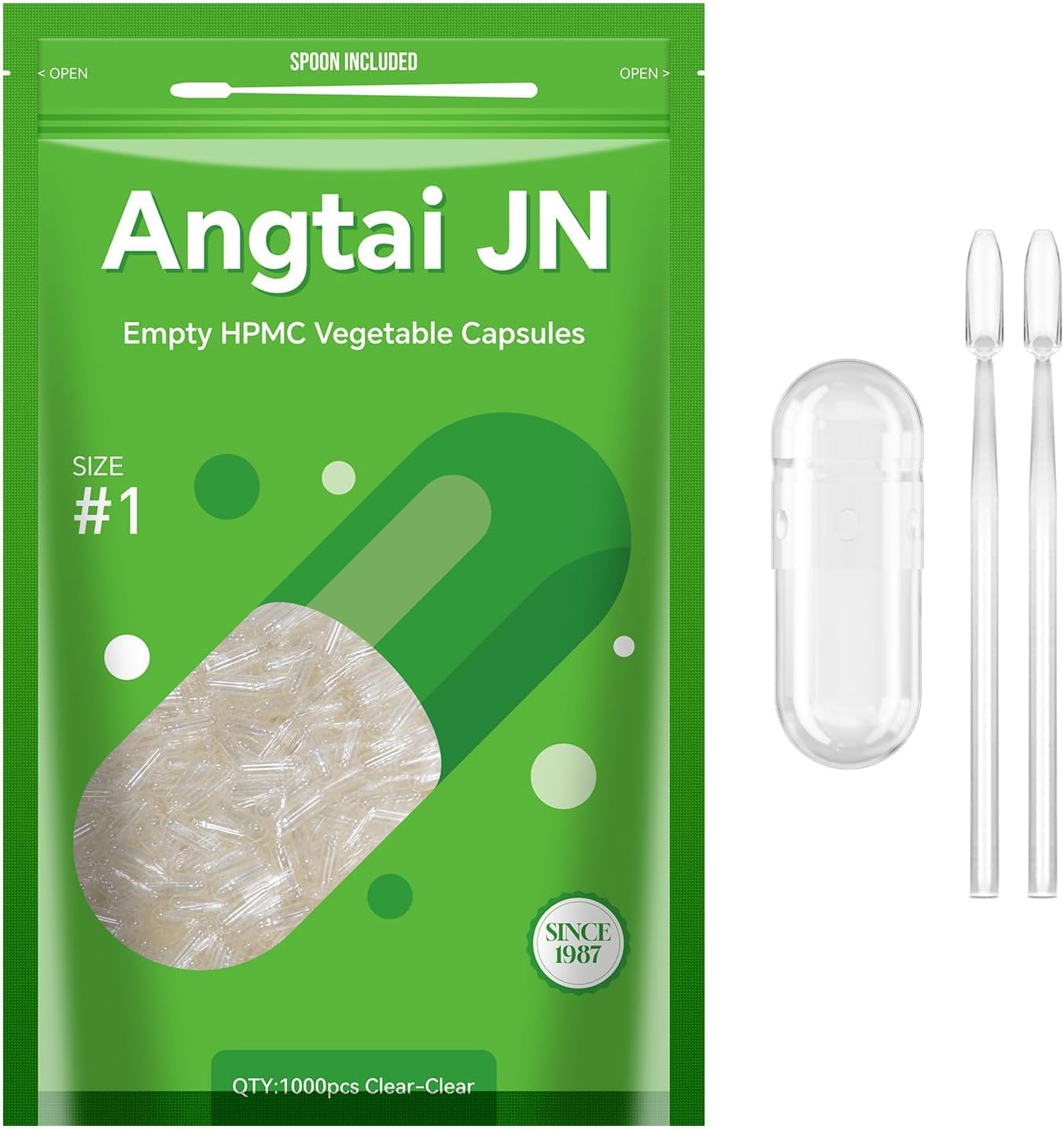 Empty Capsules, AngtaiJN 1000 Count Clear Vegetarian Capsules, Size 1 DIY Pill Capsules Filling Empty Caps with Micro Lab Spoon, Kosher, ISO9001, Gluten Free, Halal Certified, Non-GMO Certified