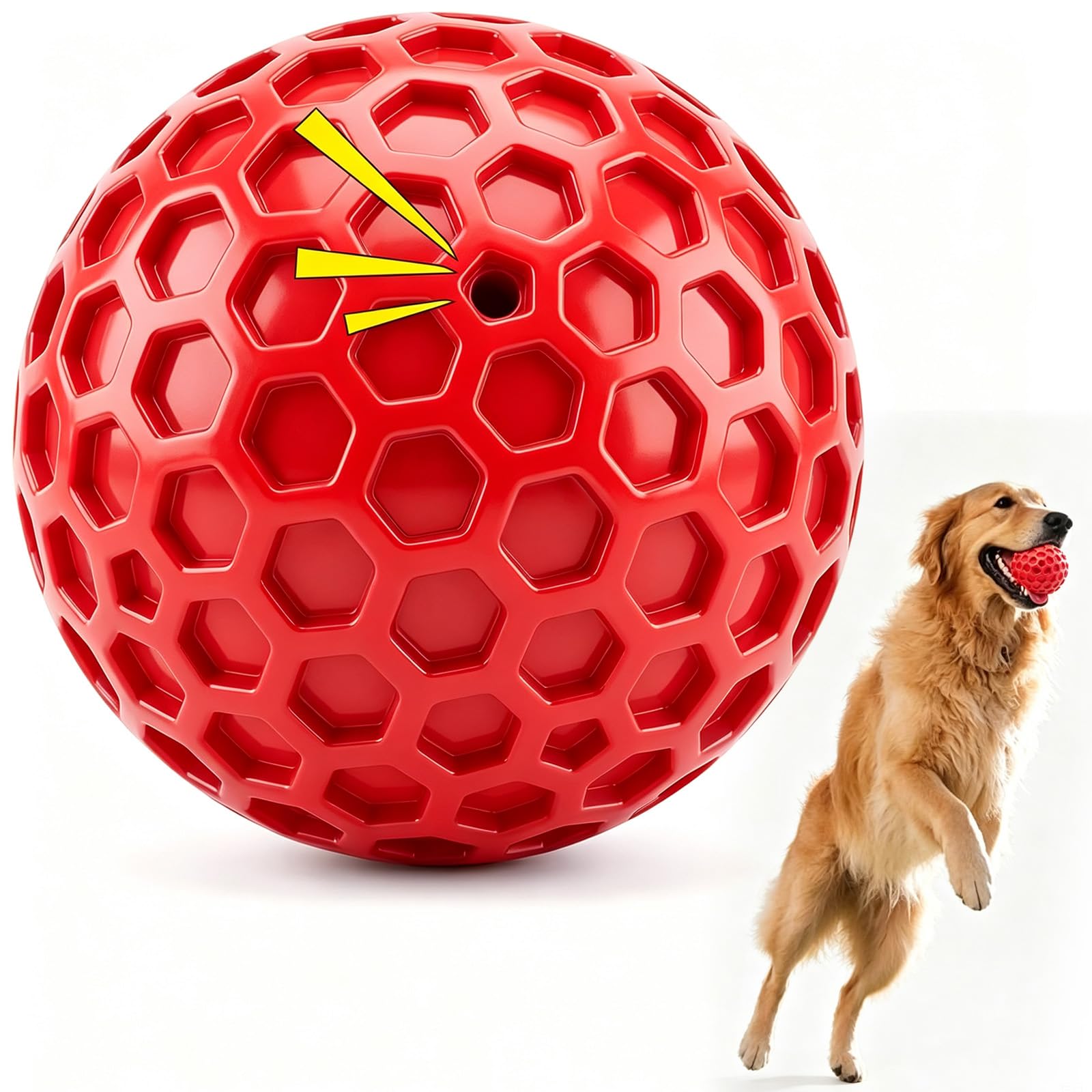 QhgPnt 1-Piece Indestructible Dog Ball, Red Honeycomb Squeaky Toy, for Aggressive Chewers, Interactive Fetch and Chew Accessory, Built-in Sound Maker