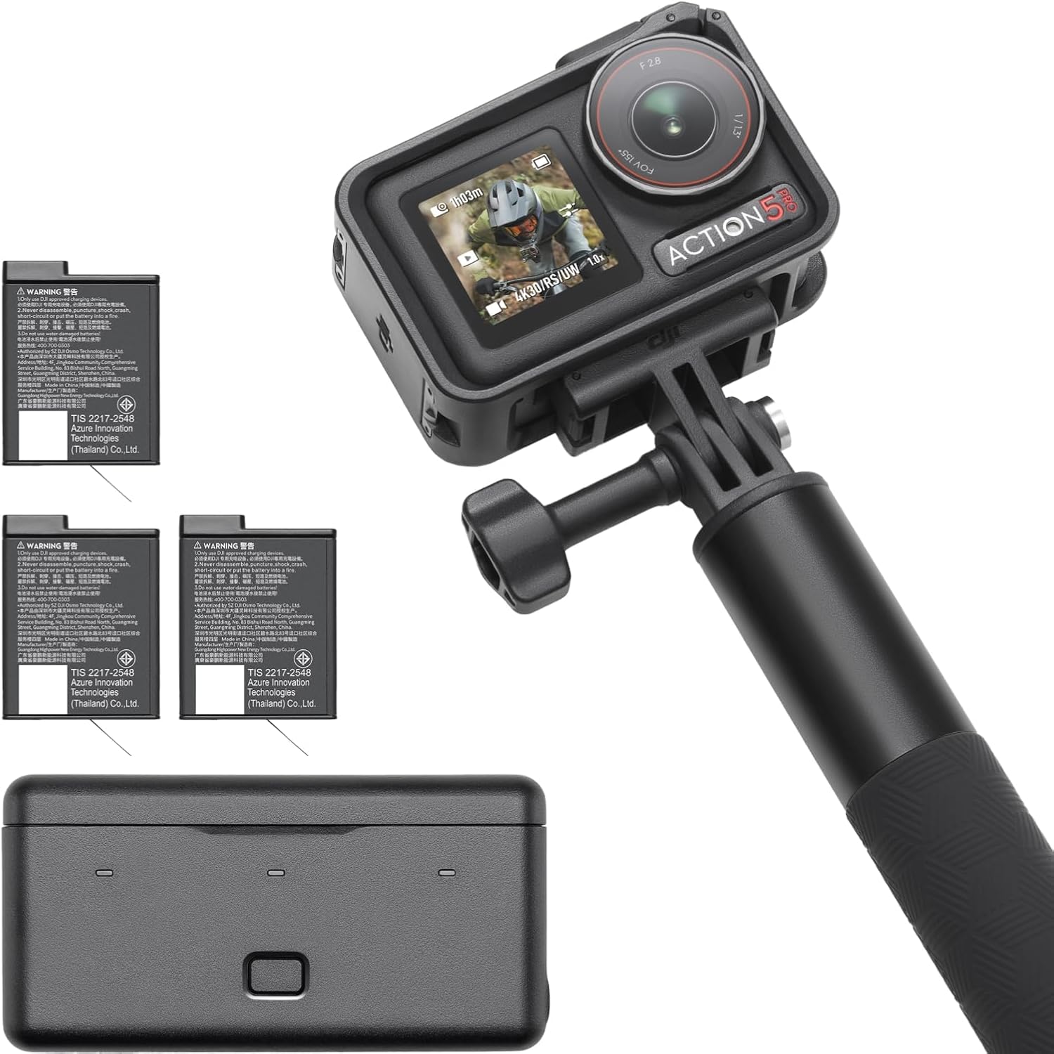 DJI Osmo Action 5 Pro Adventure Combo, kamera sportowa 4K z matrycą 1/1,3-calową, 12 godz. pracy z 3 akumulatorami, stabilizacją, dwoma ekranami dot. OLED, mini kamera sportowa na podróże, do vlogów
