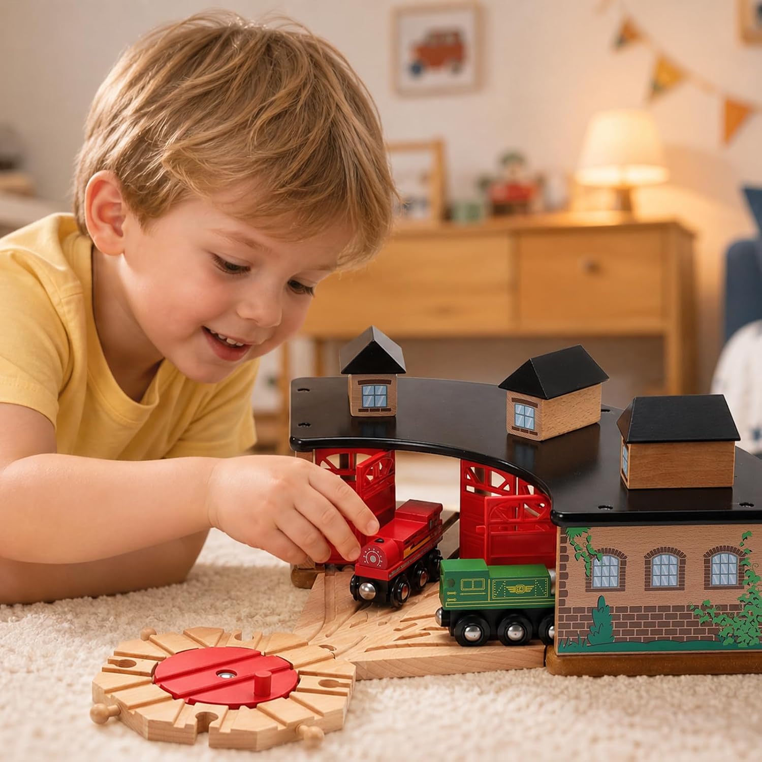 SainSmart Jr. Wooden Train Track with Grand Roundhouse - Railway Toy for Toddlers, Double-Side Tracks Compatible with All Major Brands - Wood Toy Train for Ages 3+