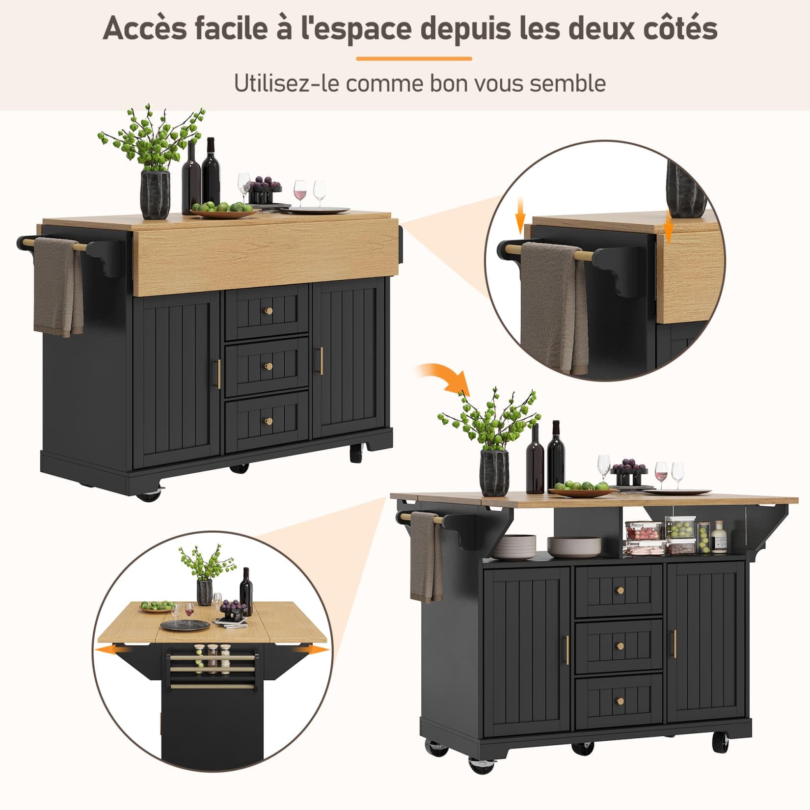 Desserte ilôt de Cuisine avec roulettes,Buffet Cuisine de Rangement avec Plateau de Table Pliable,Chariot de Repas,Buffet Mobile,3 Tiroirs et 2 Portes,142.5x40-80x95cm (Noir-E)