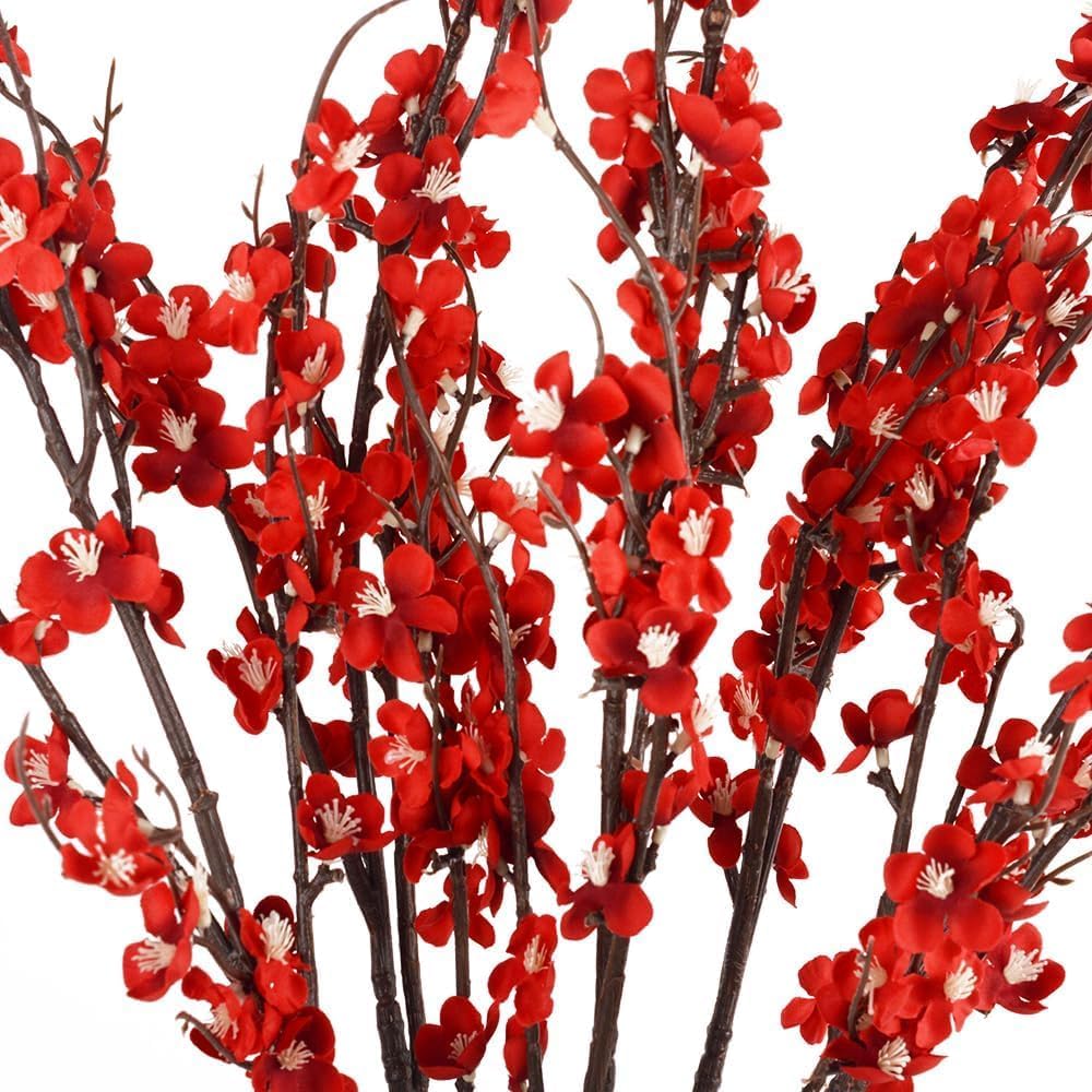 5pcs Cherry Blossom Branches Artificial Flowers 39 Inch Faux Flower Stems for Spring Summer Home Wedding Office Party Decoration (5, Red)