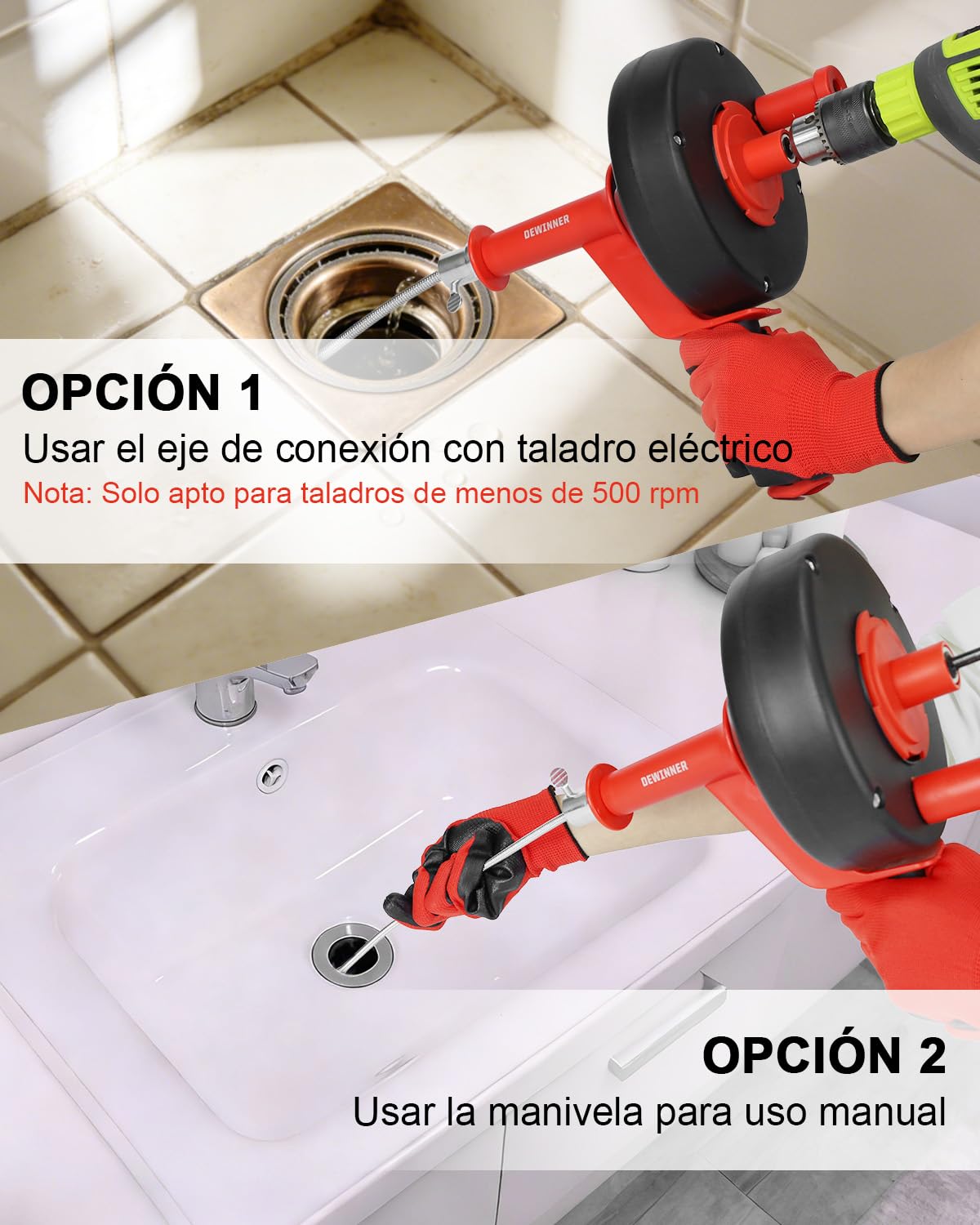 DEWINNER Desatascador de Tuberías 10m Profesional - Kit 2 en 1 Manual y para Taladro, Elimina Atascos de Pelo y Grasa, Guantes y Bolsa - Para Fregadero, Lavabo, Ducha