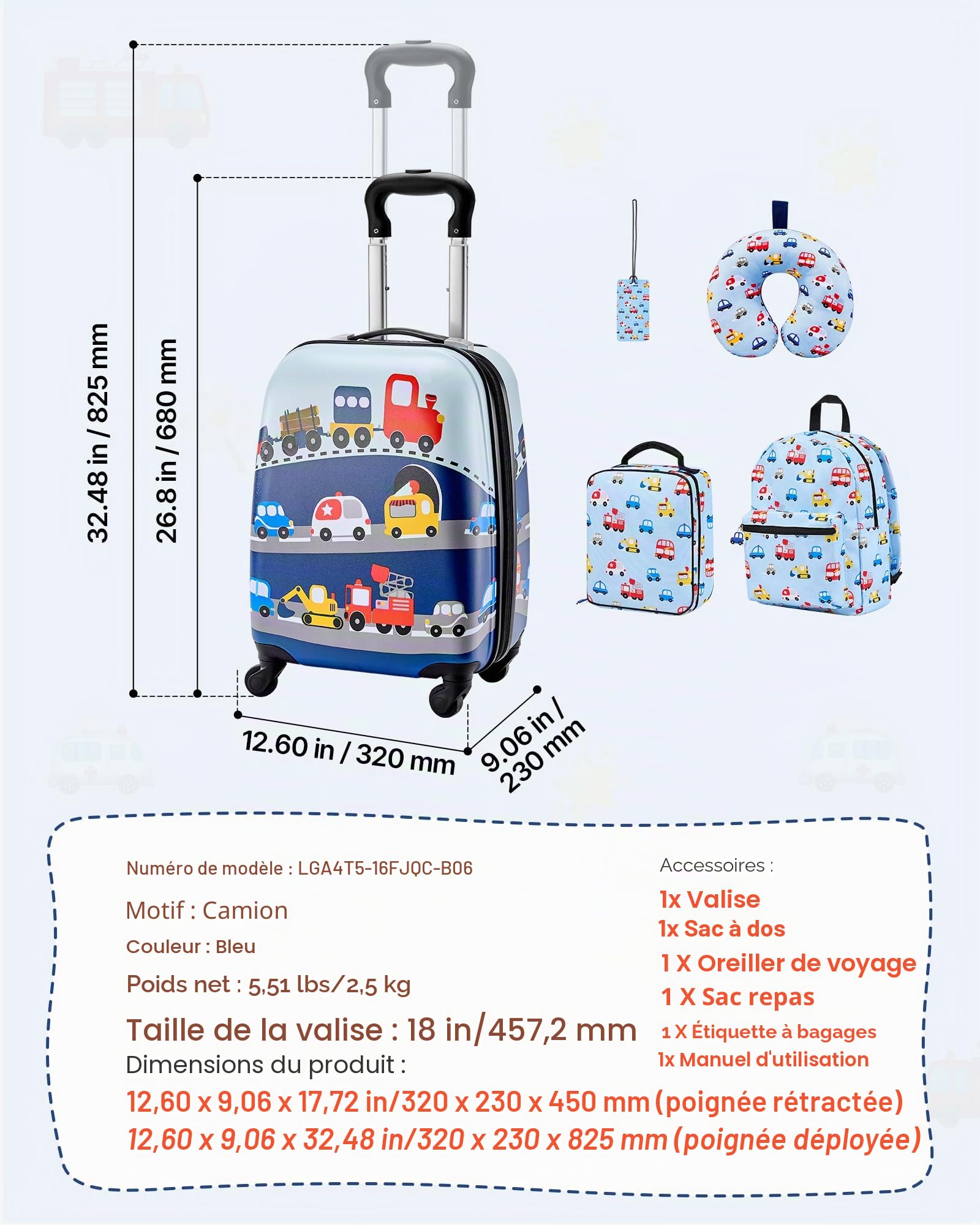 VEVOR Valise Enfant 32x23x45 cm Bagage Enfant Fille Garçon Valise Cabine Rigide à roulettes Motif Camion avec Sac à Dos, Oreiller U, Étiquette Bagages, Sac-Repas, Approuvée par Compagnies Aériennes