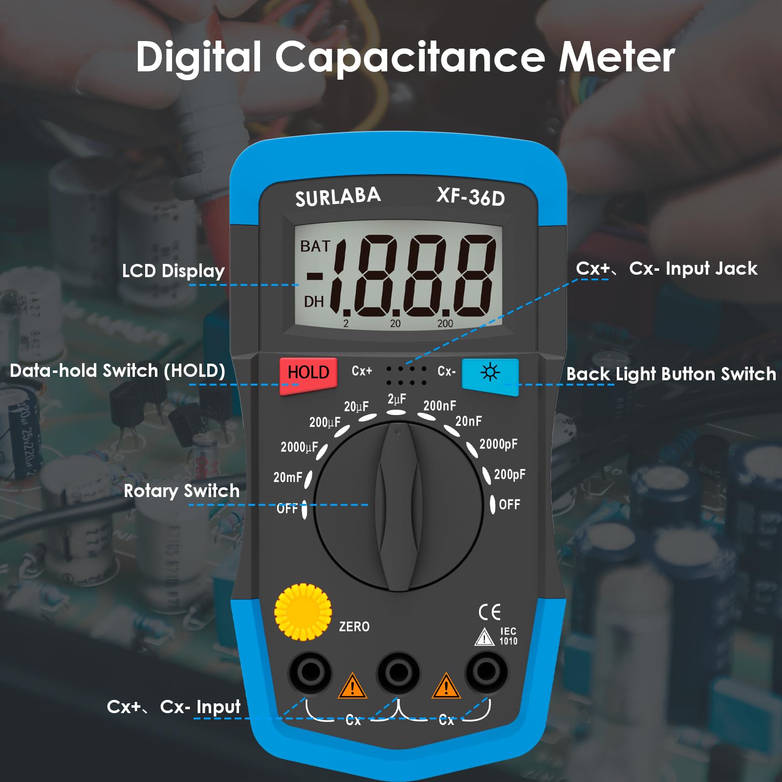 Digitales Kapazitätsmessgerät, XF-36D Capacitance Meter bis 20,000uF, 1999 Count Kondensatormessgerät Multimeter für Haus, Industrie, Fehlerprüfung
