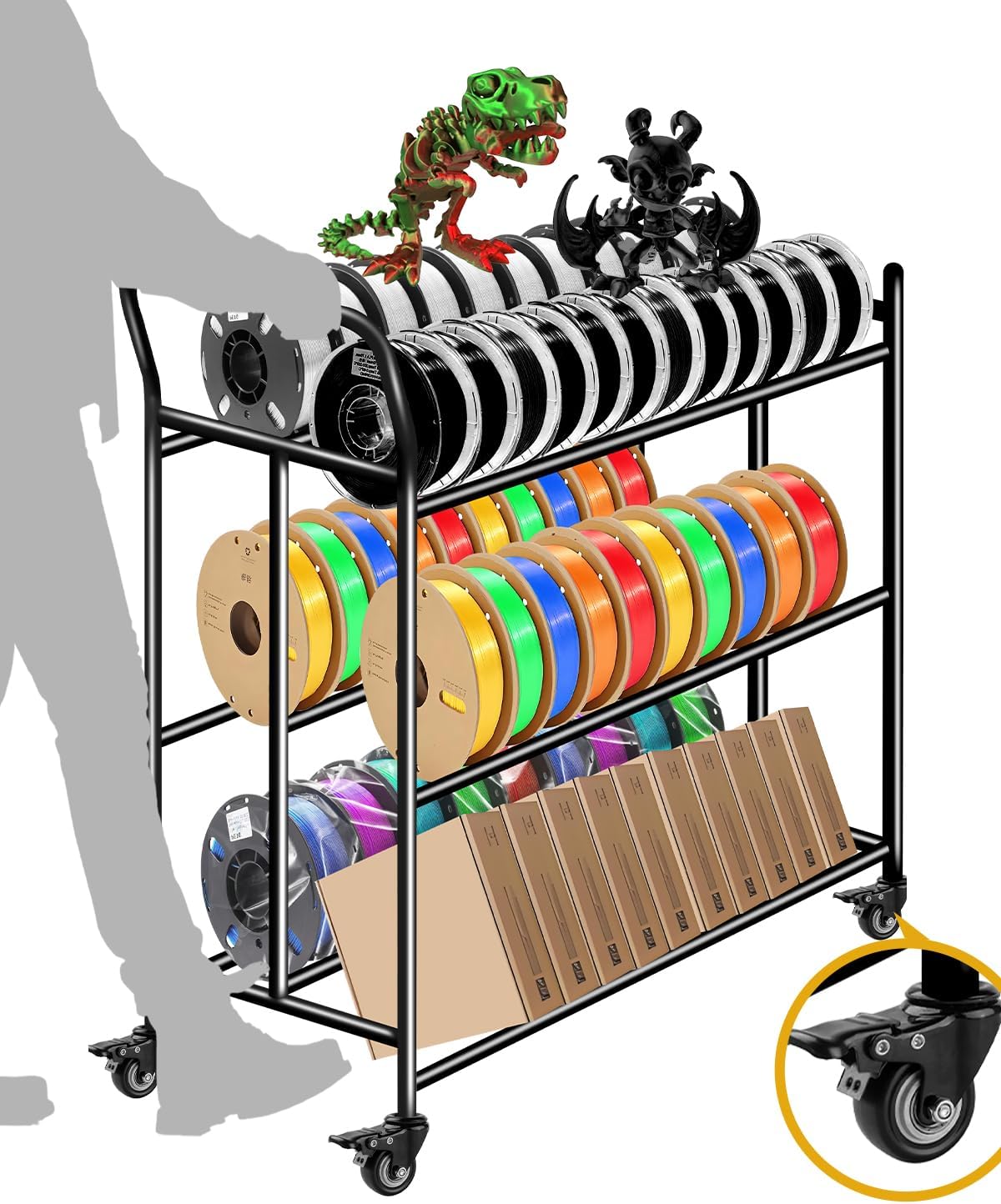 3D Printer Filament Storage Rack,360°Rolling Filament Spool Holders Racks with Wheels,Heavy Duty Metal Shelf for PLA/ABS/TPU,3 Tier Filament Storage With Handle for 3D Printing Business