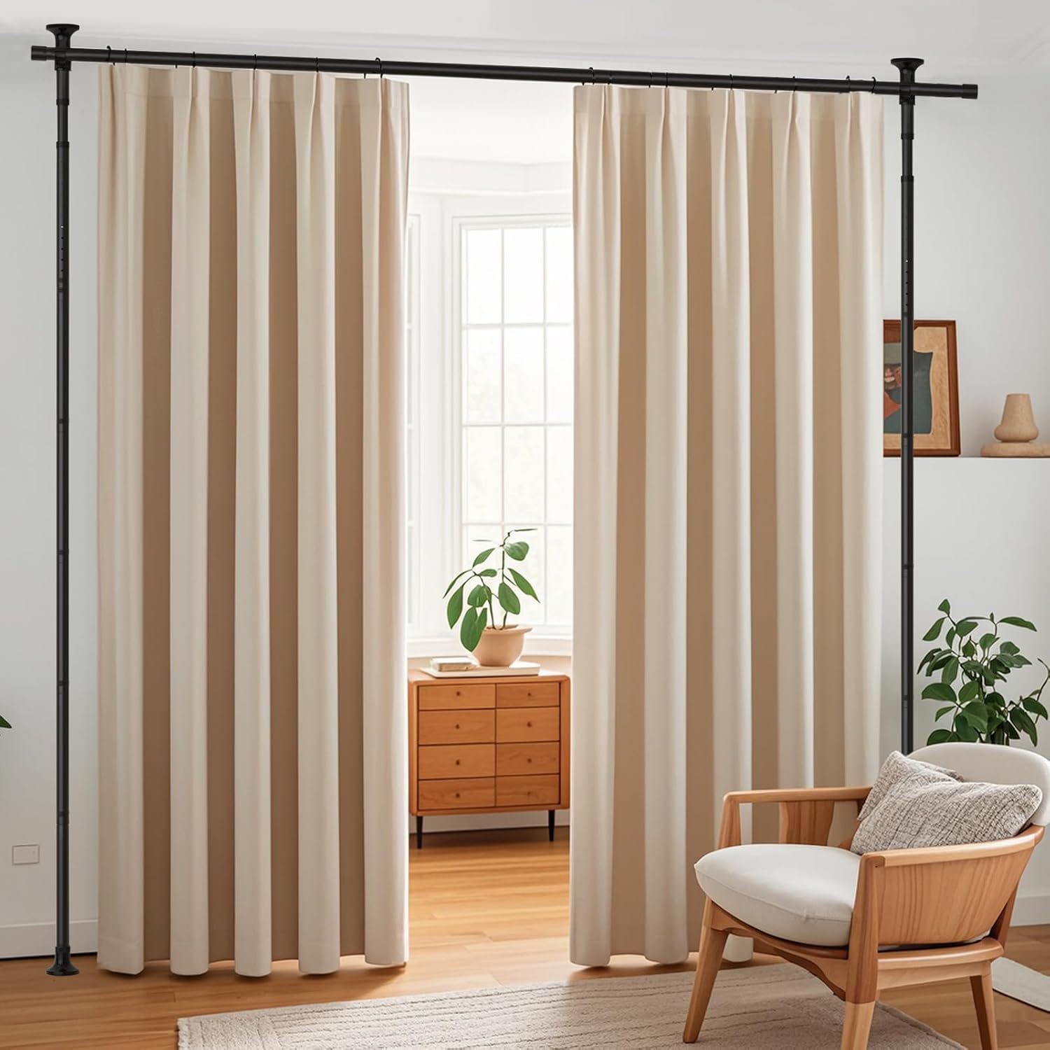 Room Divider Curtain Rod，No Drilling Curtain Rod Wall Divider for Room Separation, 4-10ft (H) 28-70inch(W) Adjustable Floor to Ceiling Portable Hanging Room Divders Partitions Space Separator Silver