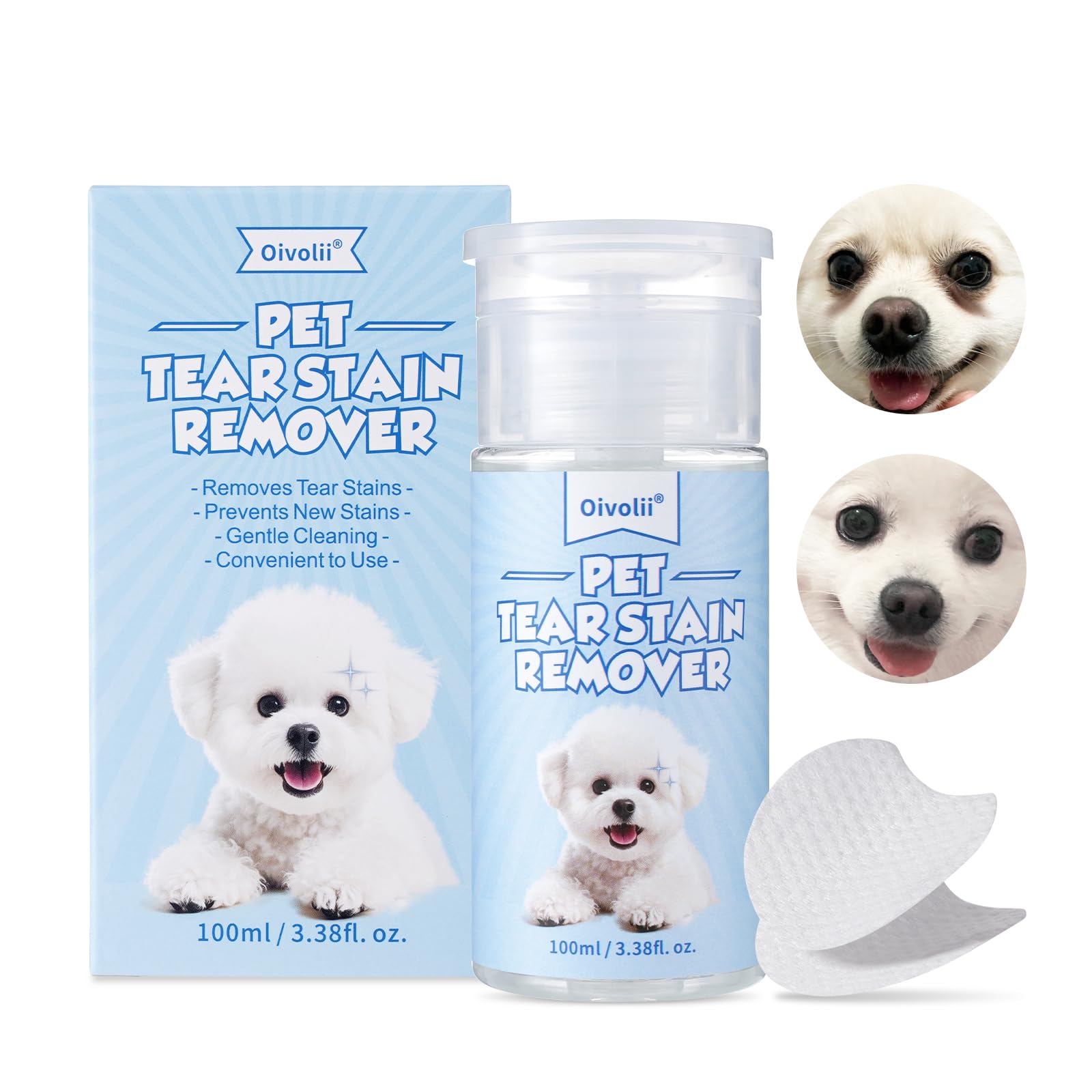 Rimozione lacrimale naturale per cani e gatti 100 ml, tamponi per la pulizia degli occhi 50 pezzi – formula delicata, sicura e non irritante – rimuove efficacemente macchie lacrimali, secrezioni