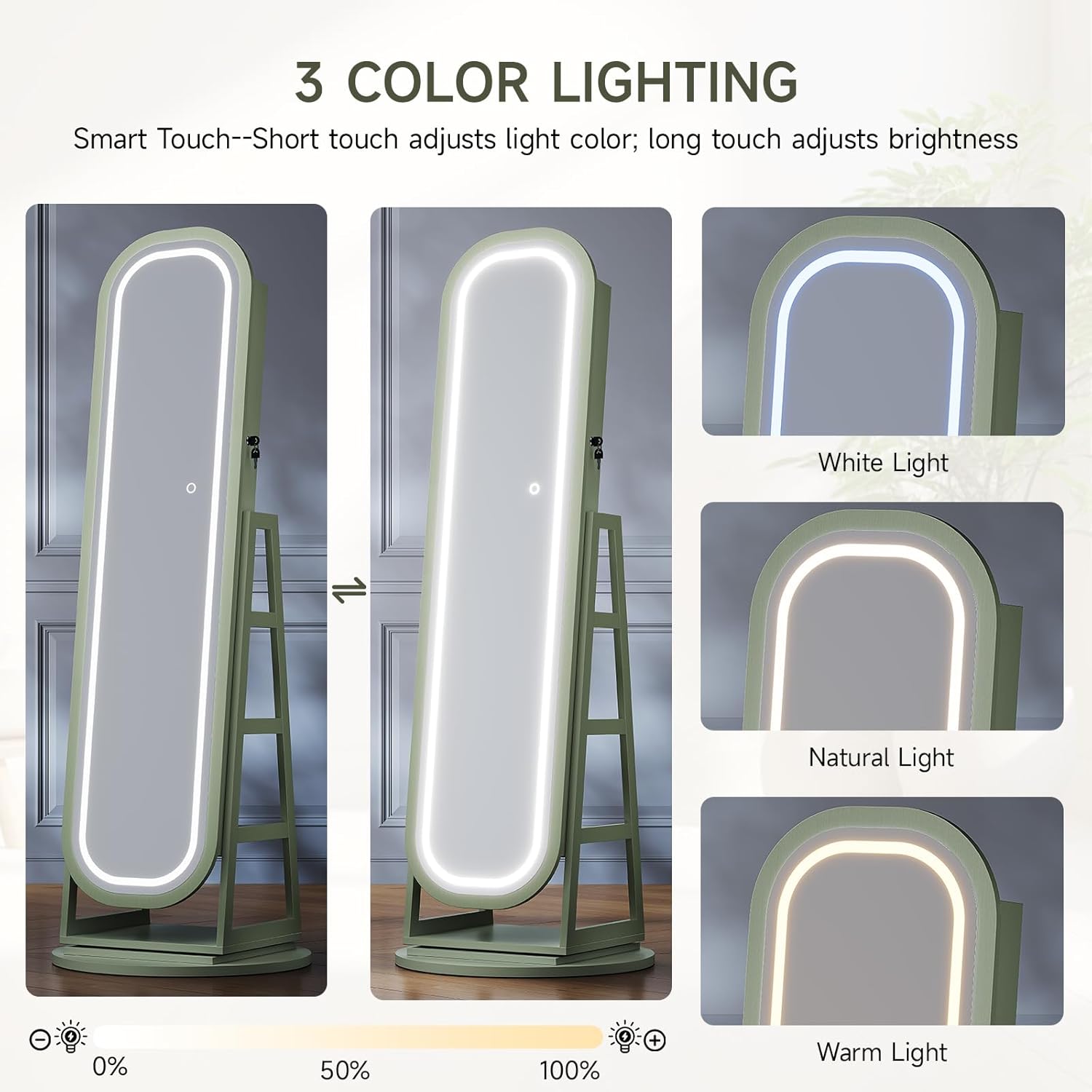 360° Swivel Jewelry Mirror Cabinet with Lights, Inside Makeup Mirror, Standing Jewelry Armoire Organizer, Rotatable Full-Length Mirror with Jewelry Storage, Lockable with Back Storage Shelves (Green) - Image 4