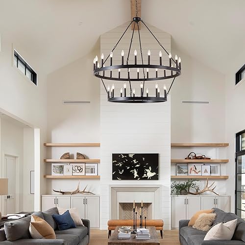 Vista 25 de Candelabro de iluminación de rueda de carro, 6 luces con pantalla de vidrio semillado, lámpara redonda de madera para cocina, isla de vestíbulo