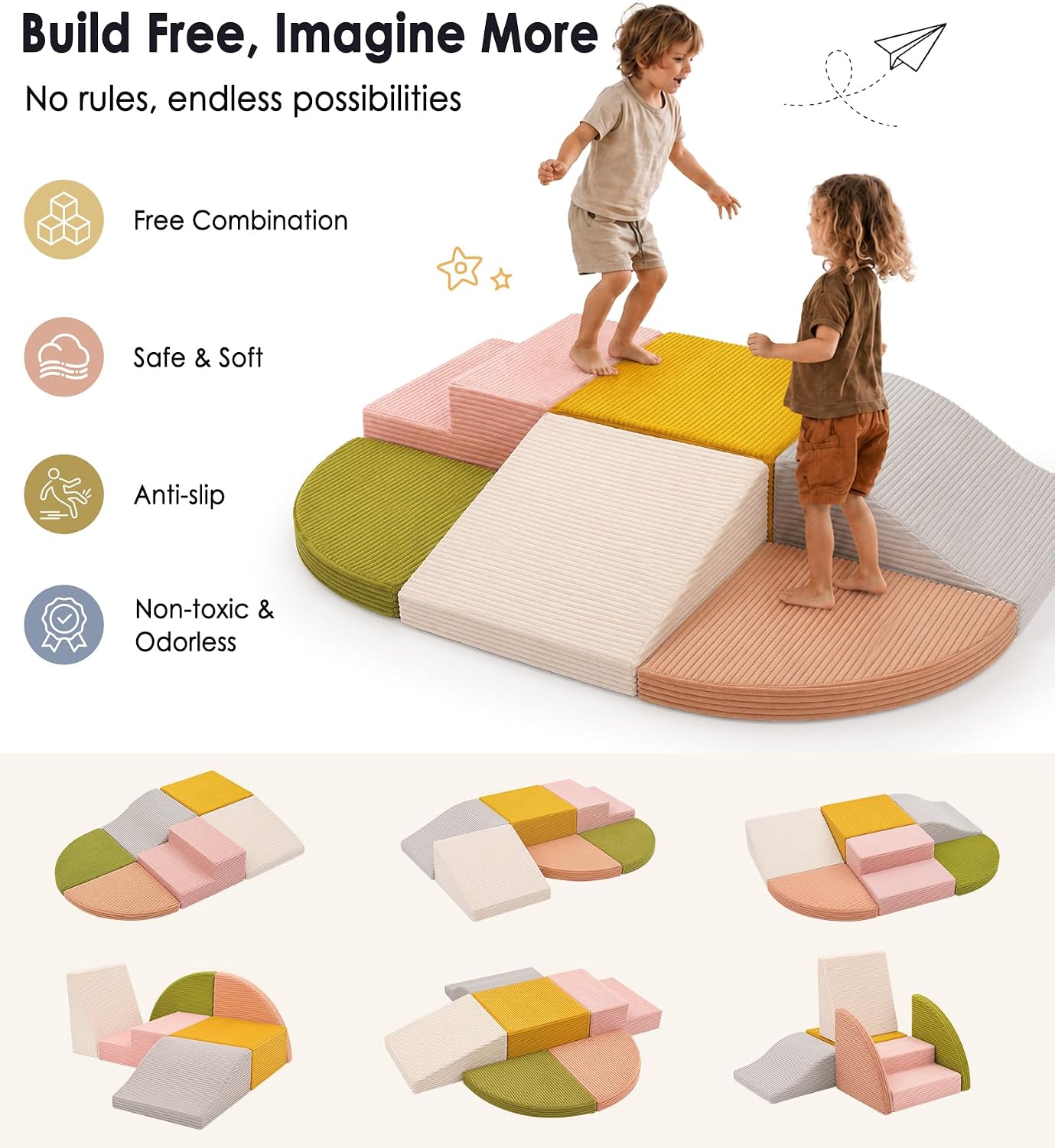 6-Piece Kids Climbing Foam Blocks, Baby Foam Climbing Blocks, Corduroy Non-Slip Surface, Soft Toddler Play Equipment for Active Climbing & Building, Indoor Gross Motor Skill Development, Colorful thumbnail
