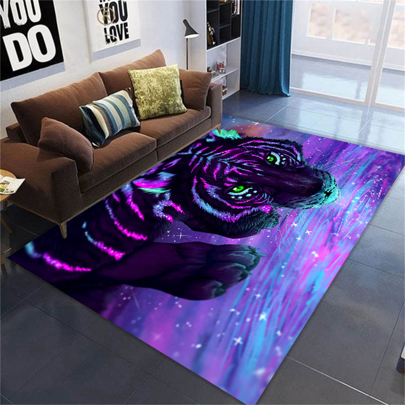 PEIHUODAN 3D Tapis Tigres Animaux Chambre Salon Poilu Ciel étoilé Tigre Violet Marron Bleu Motif Moderne Décoration Chambre Doux Flanelle Antiderapant Tapis Salon (Tigres1,60x90cm