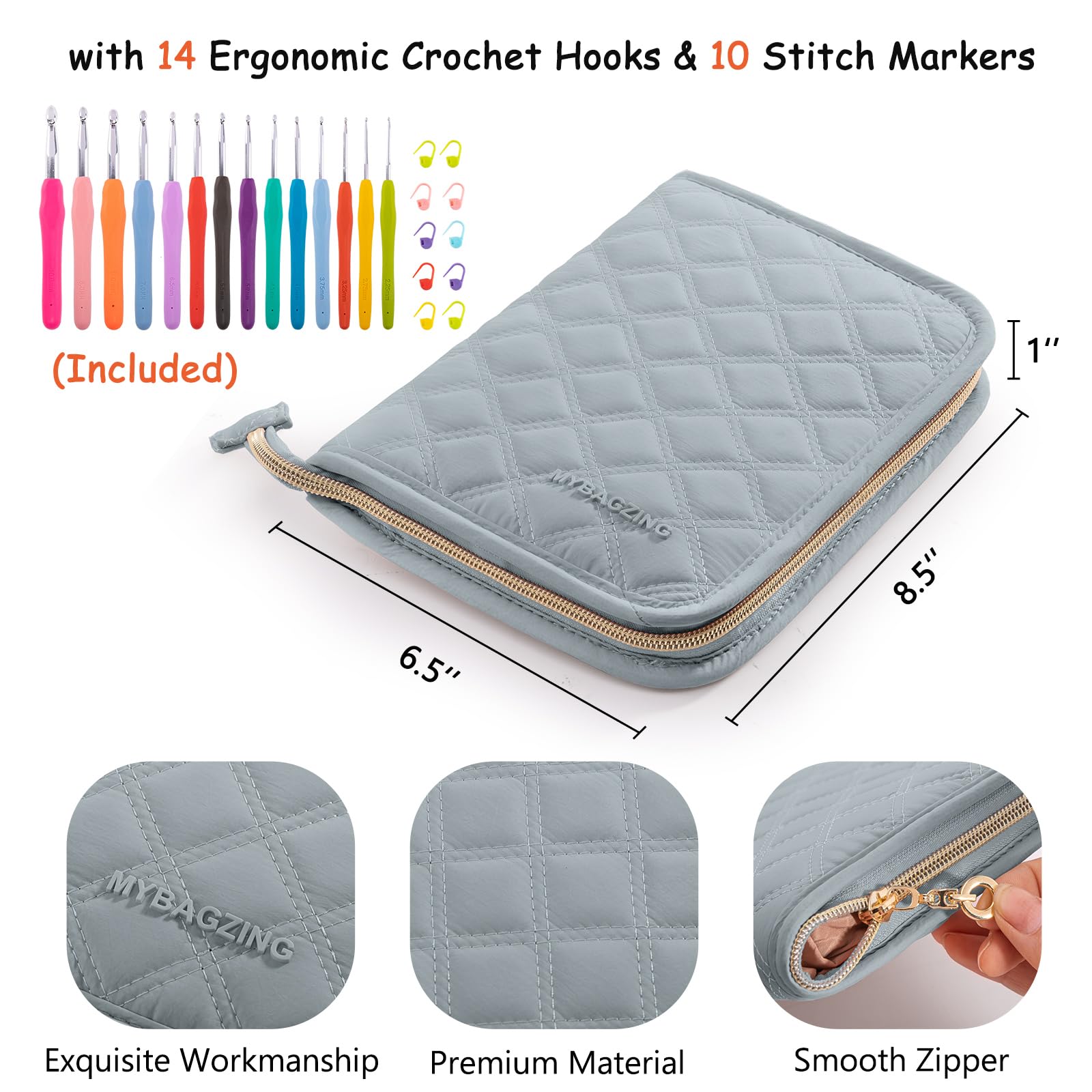 MYBAGZING Juego de 14 ganchos de ganchillo de 2 mm (B)-10 mm (N) ergonómicos con funda de ganchillo de pie, organizador de ganchillo para los amantes del ganchillo