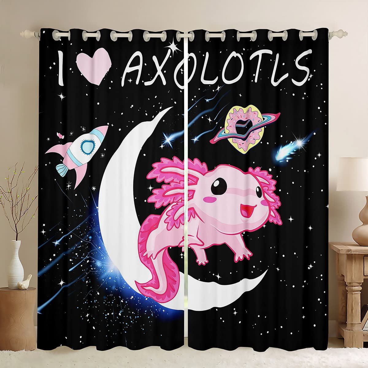 Loussiesd Cartoon Axolotl Blackout CurtainsKawaii Axolotl Galaxy Moon Curtain 3D Animals Darkening Window Dreapes for Bedroom Salamander Black Window Treatments W52*L90