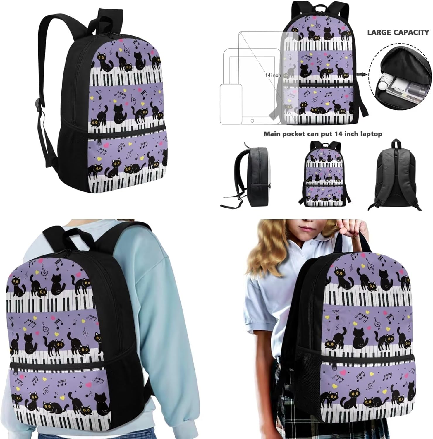 3Pcs 17 Inch Kid's Backpacks with Black Cat Music Lunch Box Pencil Case Large Capacity School Bag for Preschool, Kindergarten, Elementary School Boys and Girls