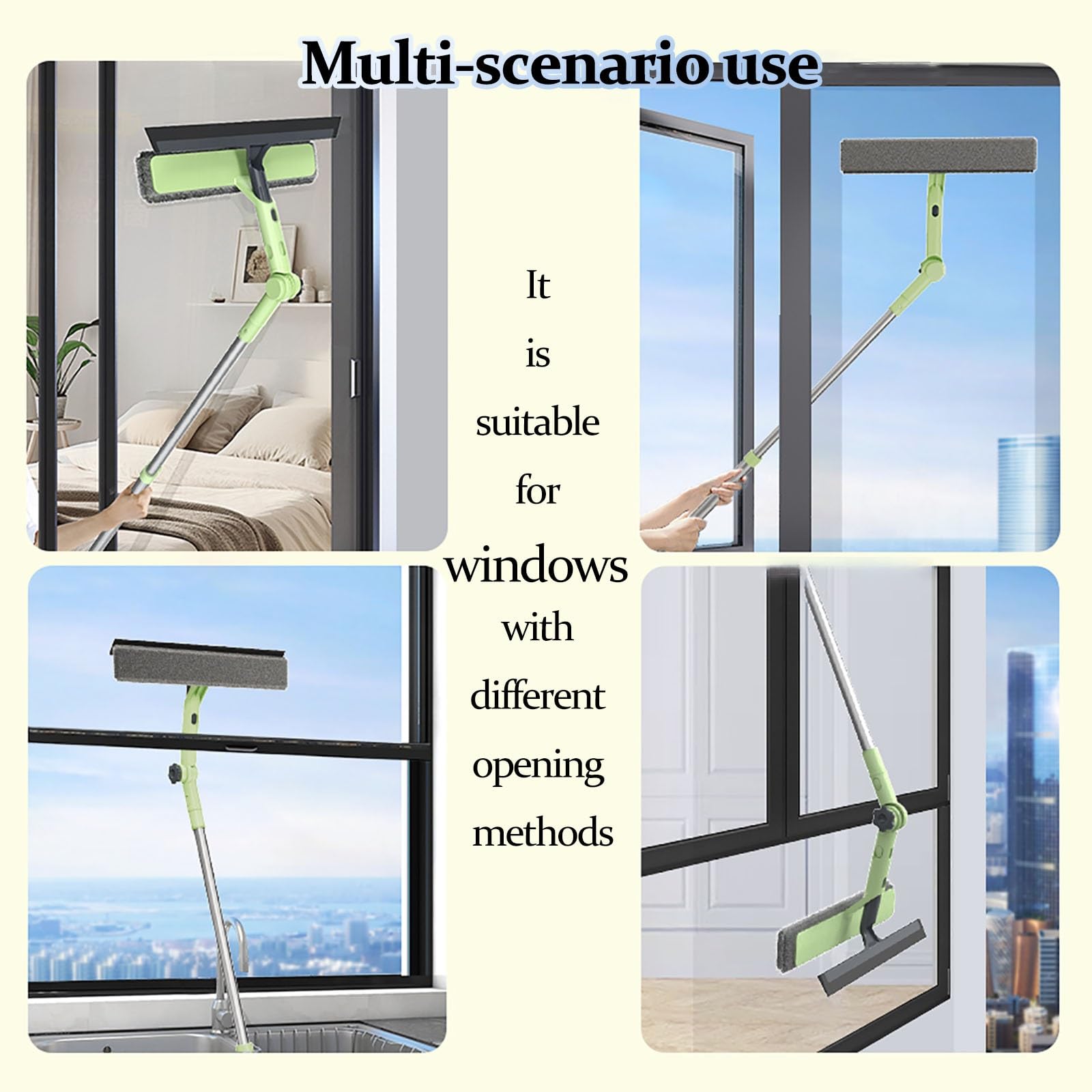 Herramienta de Limpieza de Ventanas 2 en 1 Verde para Coche, Kit de Limpieza de Ventanas con Palo telescópico y (3) paños de Microfibra, limpiacristales/Coche/Suelo/Puerta