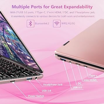 11 Inch 2-in-1 Touchscreen Laptop,Win 11 Pro N100 Laptops,16GB DDR4 RAM, FHD 1920×1200 IPS Display, 360° Flip,Backlit Keyboard,USB-C,Oval Trackpad,computer (Rose Gold, 16G+512GB SSD)