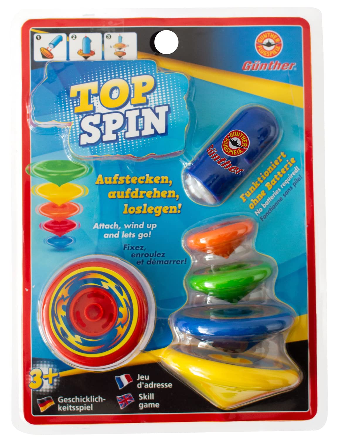 Unbekannt GÜNTHER FLUGSPIELE 1560 Top Spin Spinning Top, Approx. 4-8 cm, Skill Game with 5 Stackable Spinning Tops, for Children from 3 Years, Includes Starter