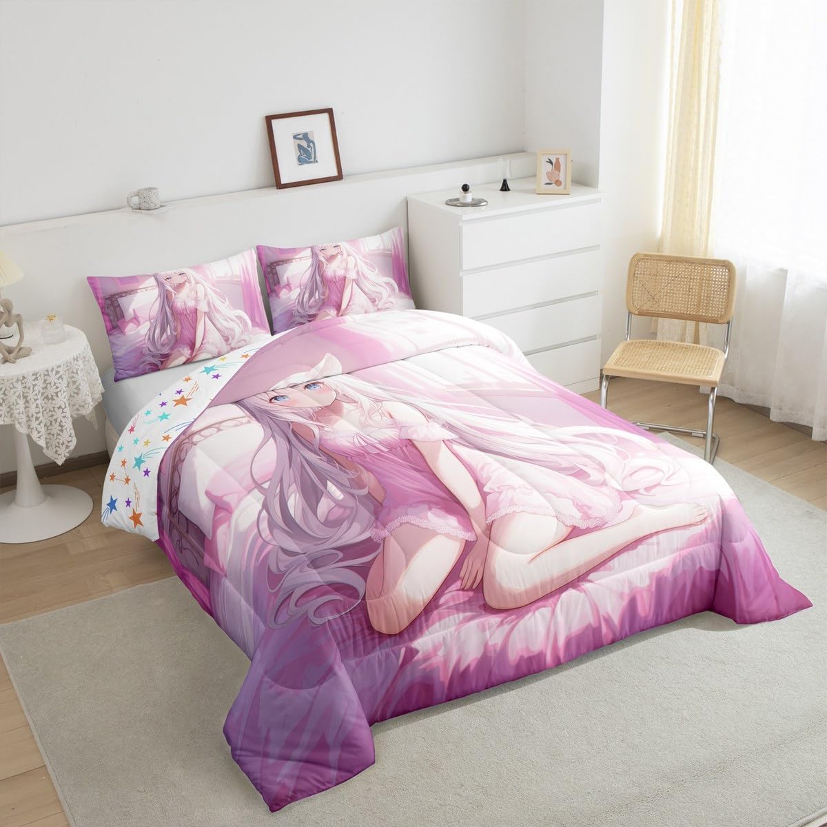 Erosebridal Queen Size Japanese Anime Comforter Set for Kids, Anime Girl Bedding Set Kawaii Japanese Style Quilt Cartoon Japan Animation Duvet Insert for Boys Teens Adult Women Bedroom, Pink