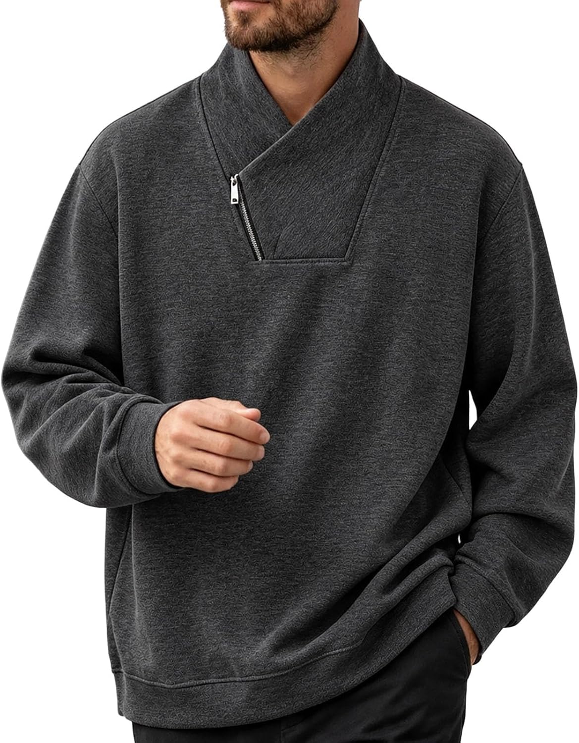 Mens Shawl Collar Sweatshirt Asymmetric Zip Long Sleeve Pullover