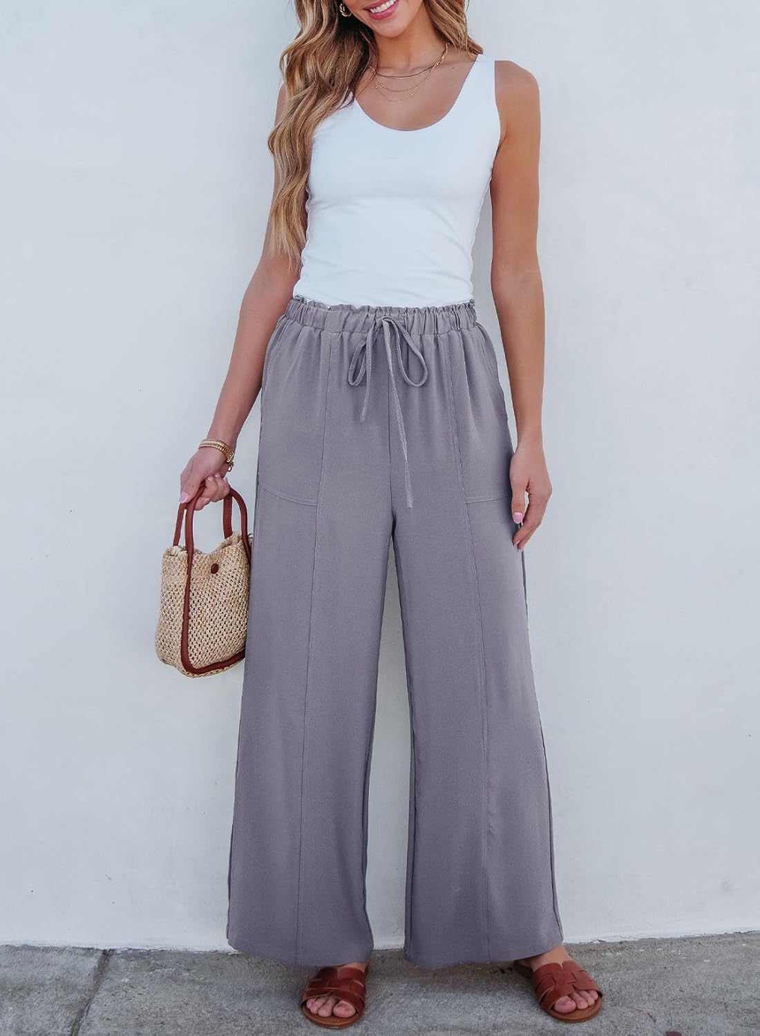 Dokotoo Women's Flowy Wide Leg Summer Pants 2025 Casual Beach Pants High Waisted Drawstring Palazzo Trousers with Pockets - Image 4