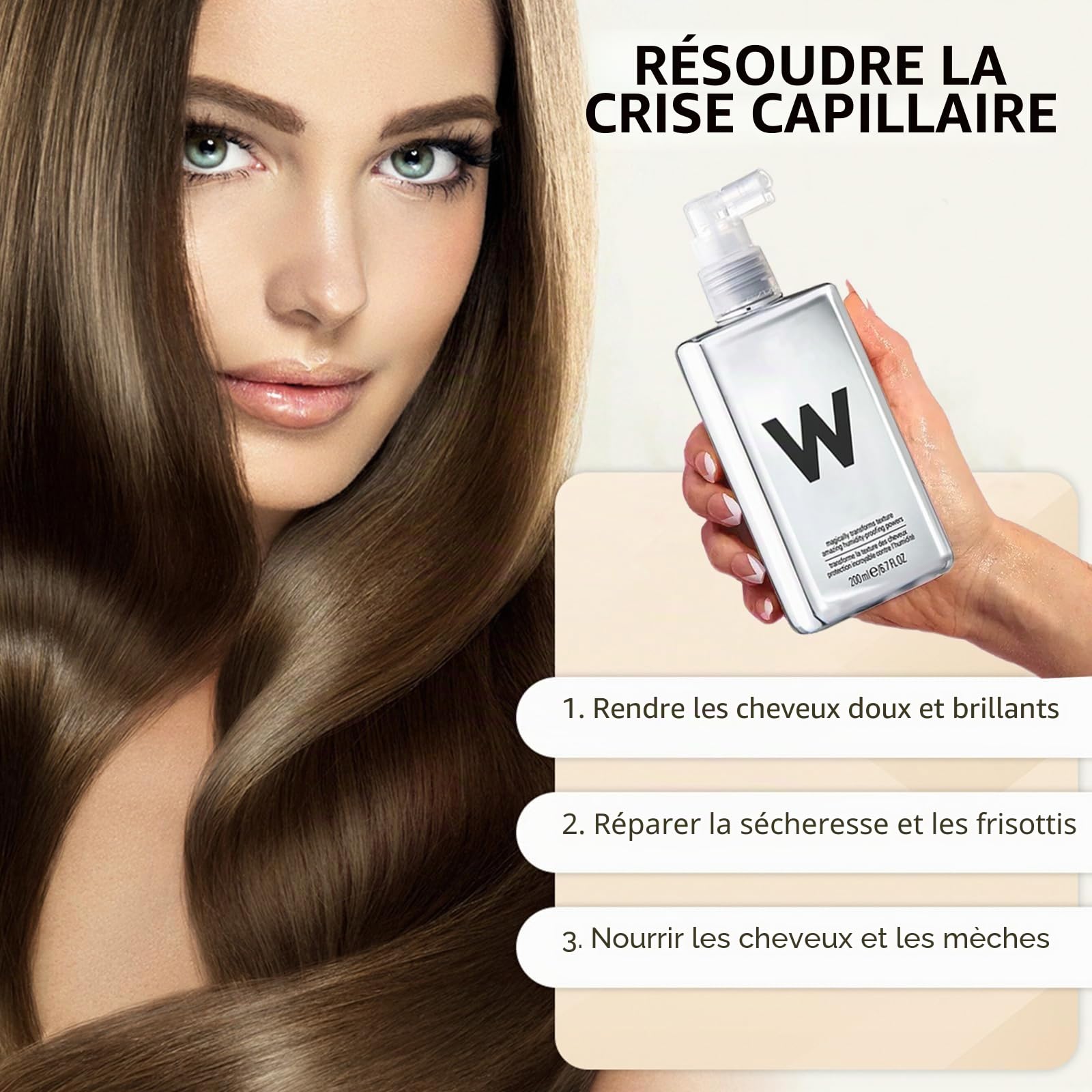 Spray anti-frisottis pour tous les types de cheveux, cheveux super lisses, protection contre la chaleur, spray brillant pour cheveux souples, 200 ml