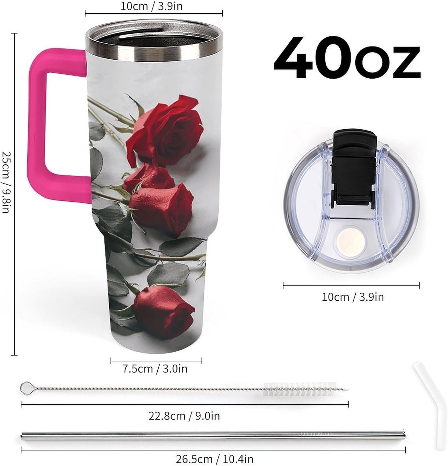 Large Car Cup with Handle&Lid Fashion Valentine Red Rose Tumbler Sturdy Insulated Water Bottle Stainless Steel Vacuum Travel Mug Portable Coffee Cup for Home Outdoor 40 Oz Light Rose Red-style