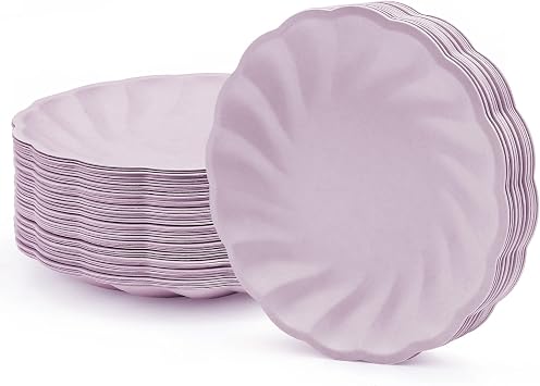 7" 50 Pcs Purple Scalloped Paper Plates, Everyday Disposable Dessert Plates 7" Compostable Small Paper Platters for Wedding, Birthday, Party, Picnic