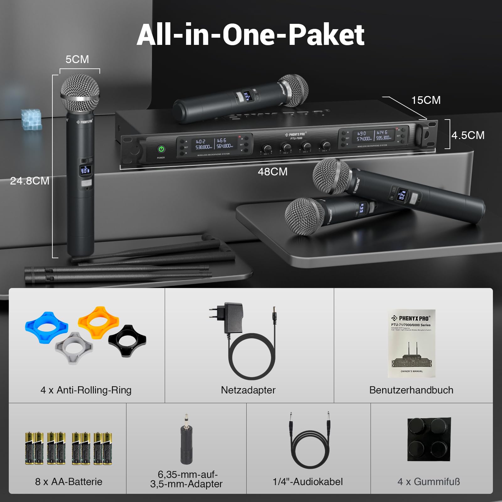 Phenyx Pro Quad Channel Wireless Mikrofon System, 4 Handheld Funkmikrofone, 4x40 Kanäle, Auto Scan, 328ft Reichweite, ideal für Gesang, Kirche, Karaoke (PTU-7000-4H)