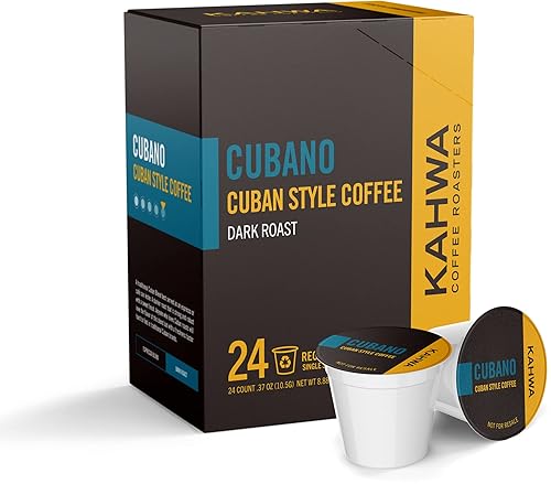 Kahwa Coffee Cubano, café cubano, mezcla de tostado oscuro, cápsulas de café de una sola porción, compatible con cafeteras Keurig, 24 cápsulas