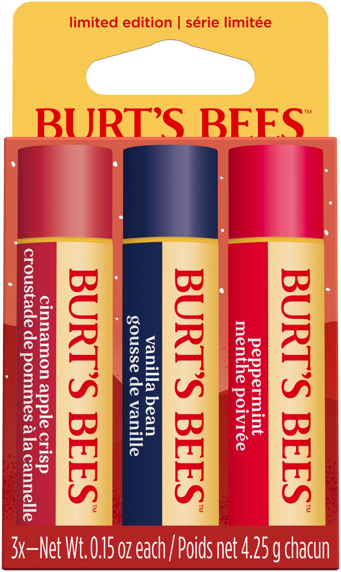 Burt’s Bees Lip Balm Gift Set, Cinnamon Apple Crisp, Vanilla Bean, Peppermint, Lip Balm Multipack, 100% Natural Origin, 3x4.25g